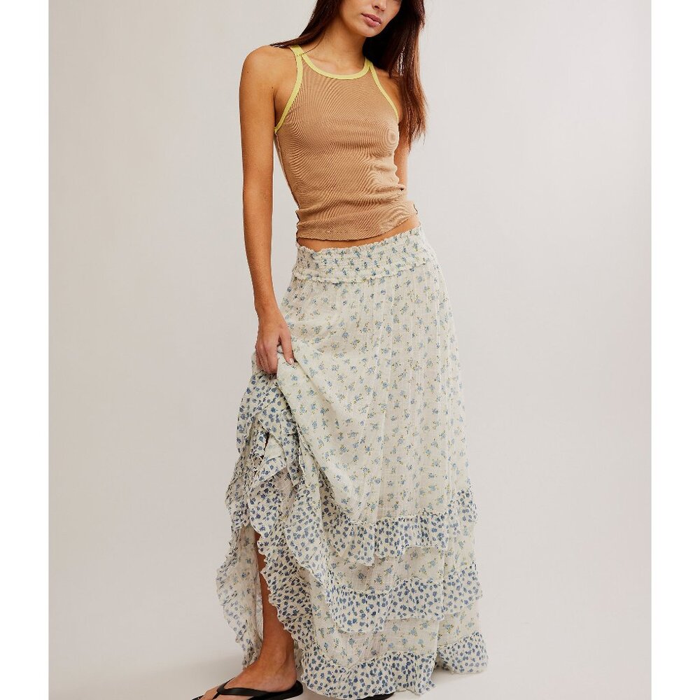Free People Cream and Blue Maxi Skirt